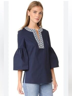 Tory Burch Ariana Navy Embroidered Split-Neck Bell-Sleeve Top